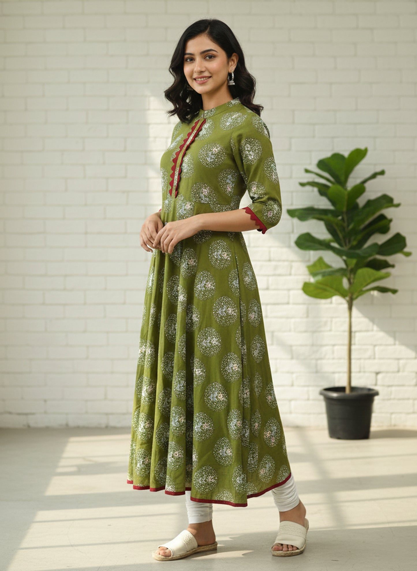 Yash Gallery Women's Cotton Relaxed Fit Anarkali Kurta (Green)