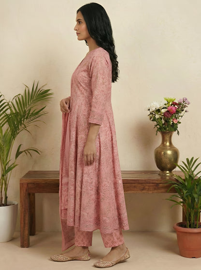 Yash Gallery Women’s Cotton Floral Print, Sequinned & Embroidered Anarkali Kurta & Pant with Dupatta Set