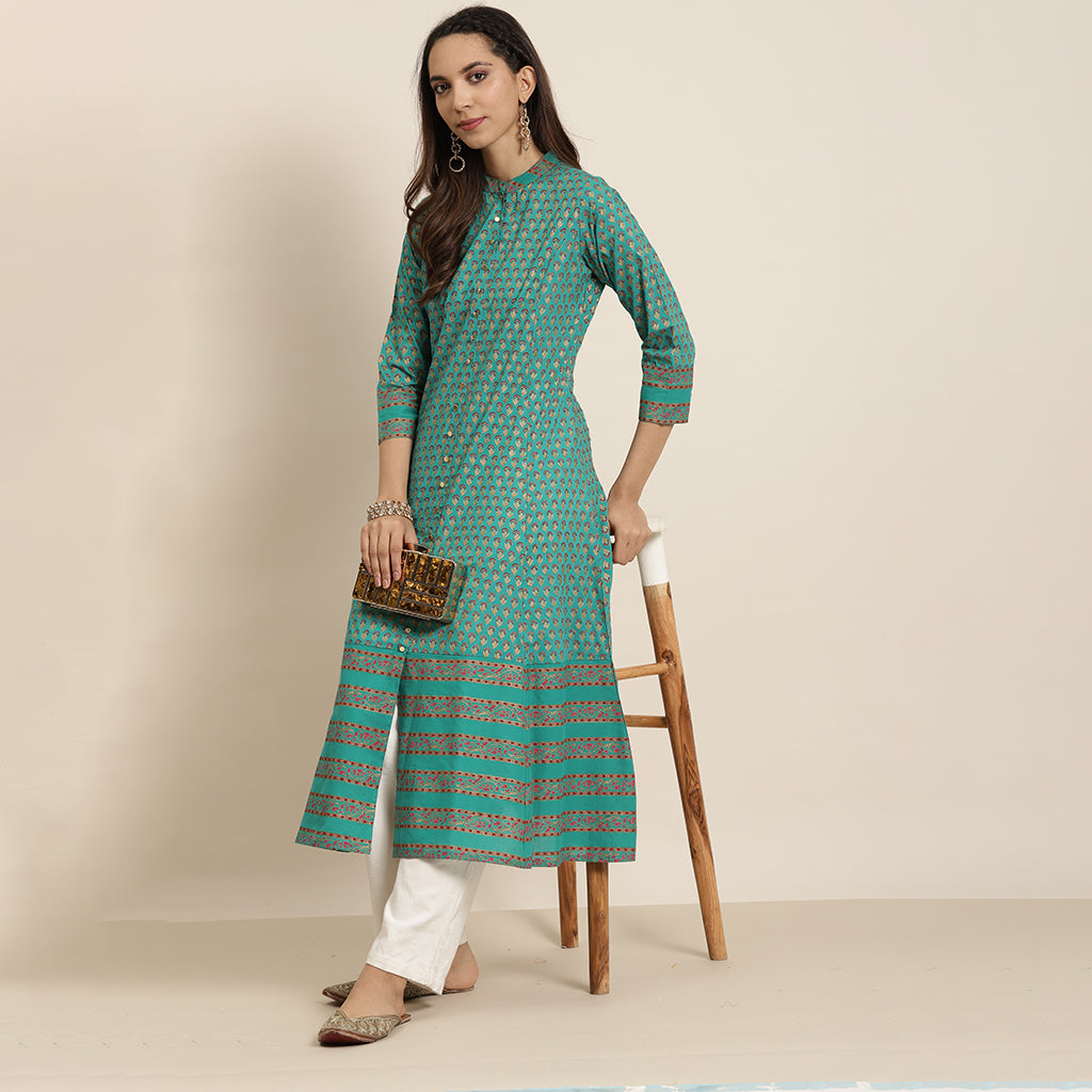 Green Cotton Floral Printed Anarkali Kurta (Green)