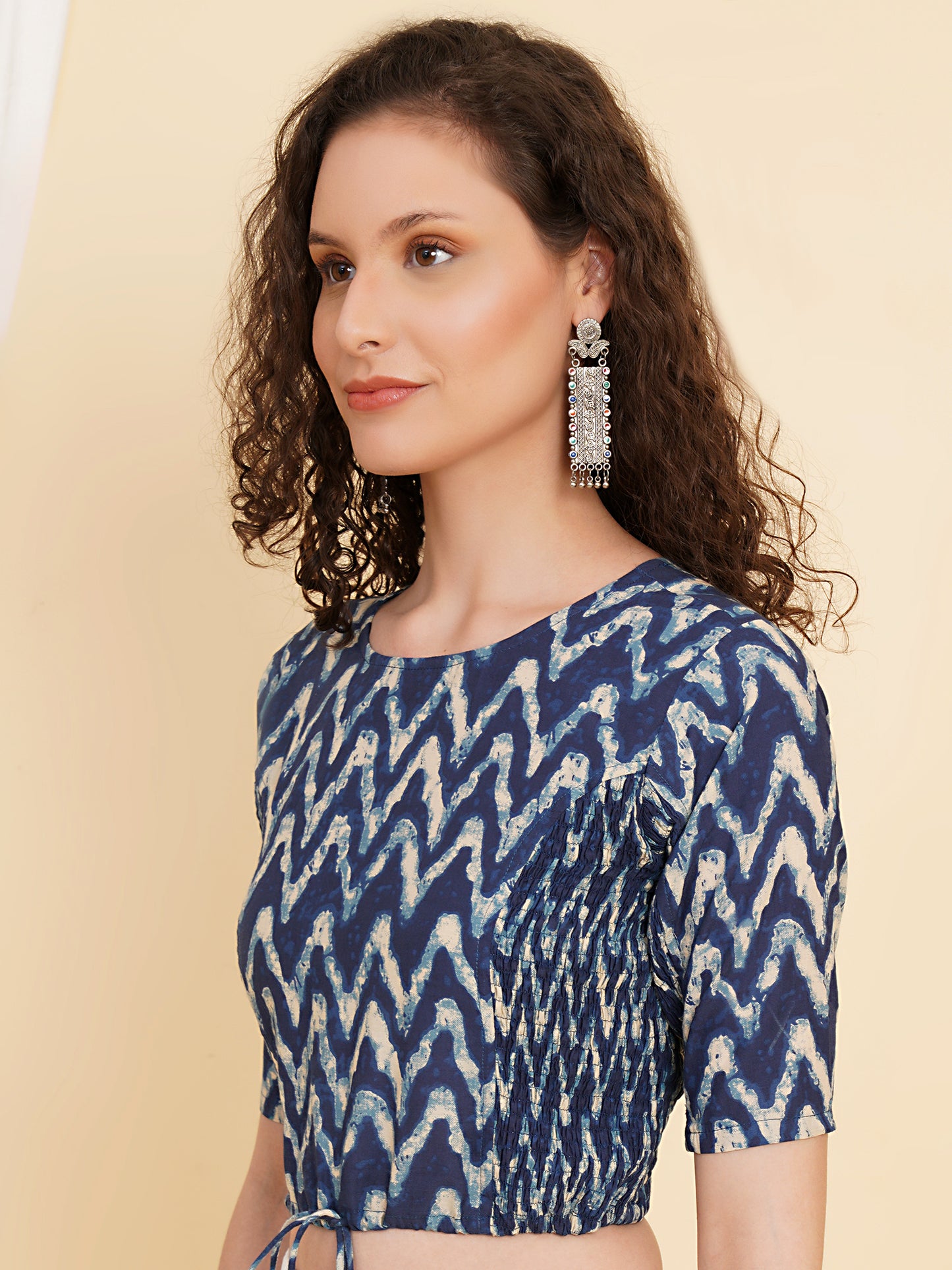 YASH GALLERY Women's Cotton Zig-Zag Printed Regular Blouse (Blue)