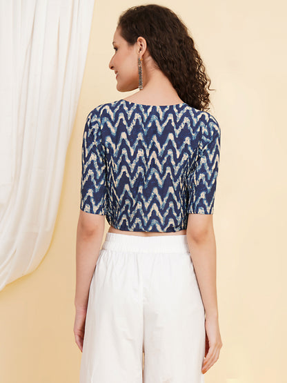 YASH GALLERY Women's Cotton Zig-Zag Printed Regular Blouse (Blue)