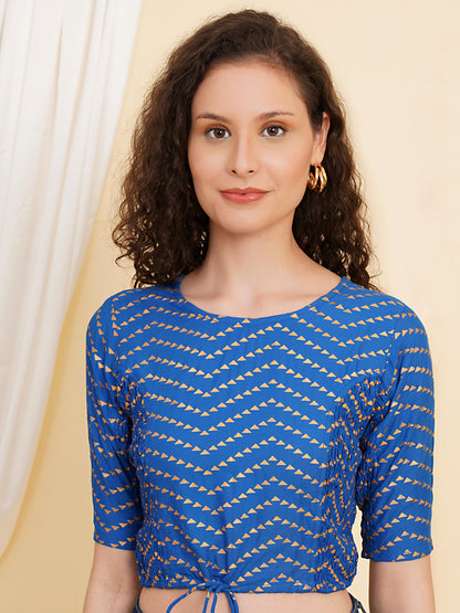Yash Gallery Women’s Rayon Printed Blouse  Round Neck with Drawstring Waist Half Sleeve (Blue)