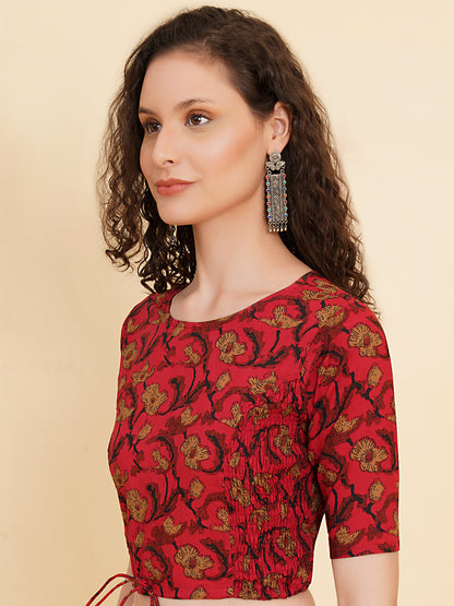 YASH GALLERY Women's Cotton Floral Printed Regular Blouse (Maroon)