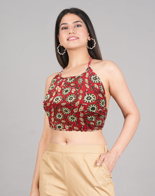 YASH GALLERY Women's Cotton Maroon Floral Hand block Printed Free size Backless Blouse (Maroon)