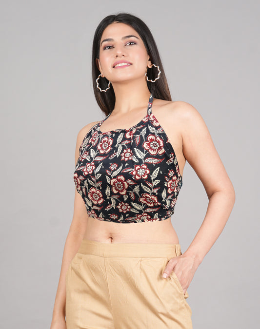 YASH GALLERY Women's Cotton Black Floral Hand block Printed Free size Backless Blouse (Black)