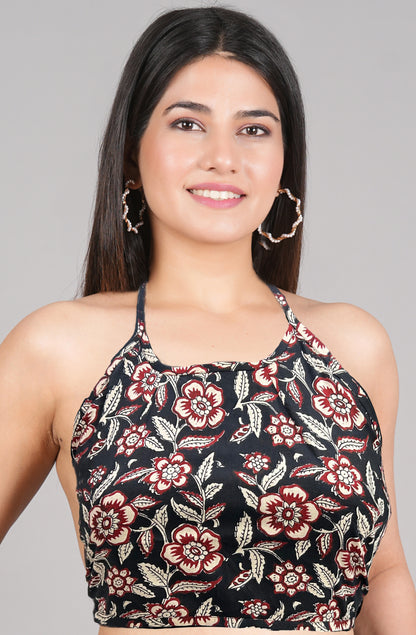 YASH GALLERY Women's Cotton Black Floral Hand block Printed Free size Backless Blouse (Black)