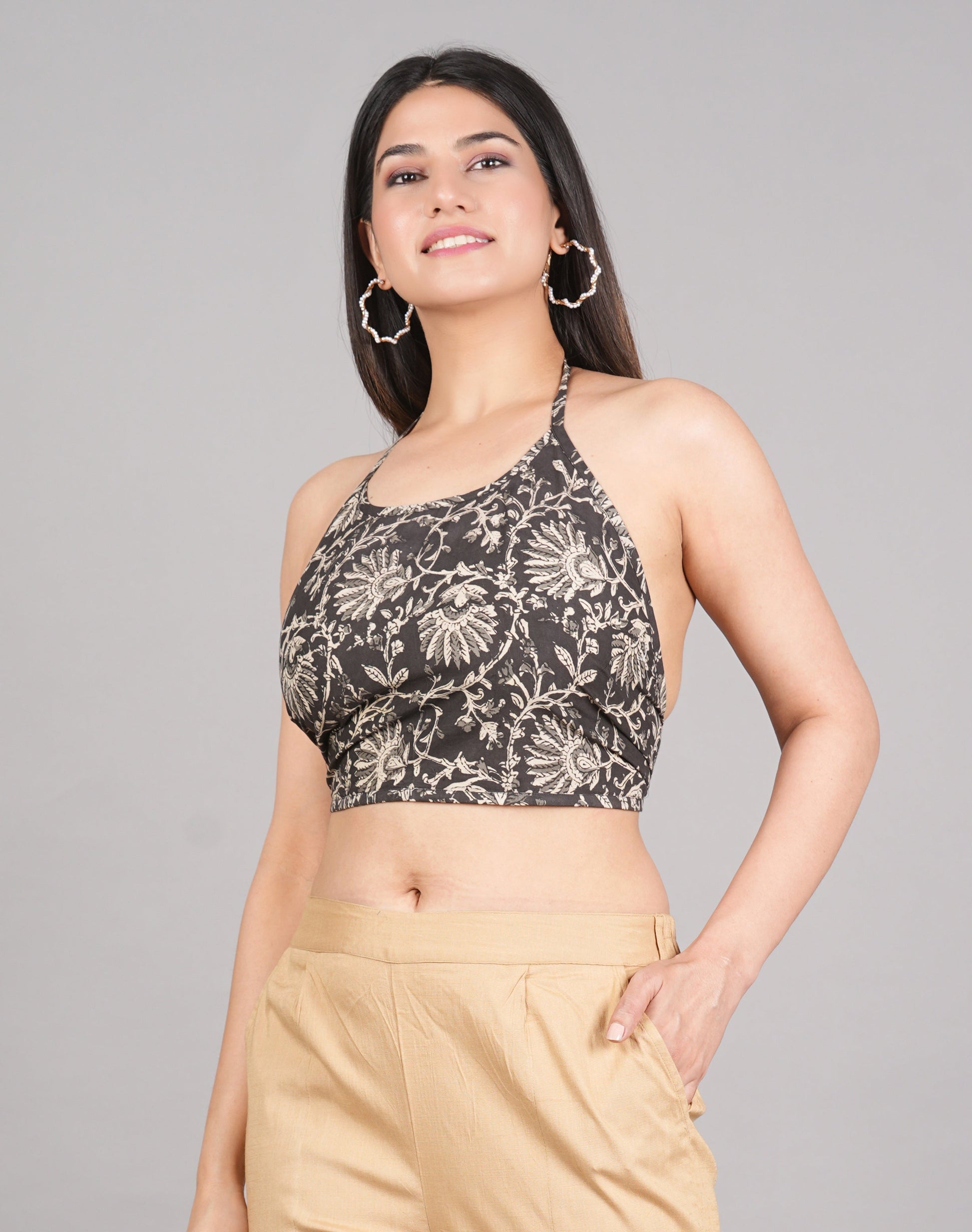 yash gallery womens cotton blue geometrical hand block printed free size backless blouse blue