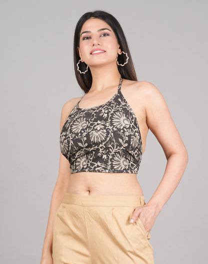 yash gallery womens cotton blue geometrical hand block printed free size backless blouse blue