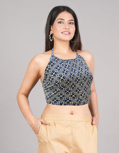 yash gallery womens cotton blue geometrical hand block printed free size backless blouse blue