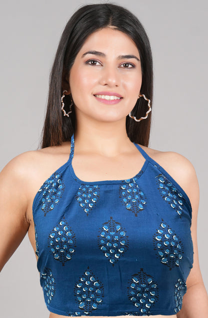 YASH GALLERY Women's Cotton Blue Buta Hand block Printed Free size Backless Blouse (Blue)