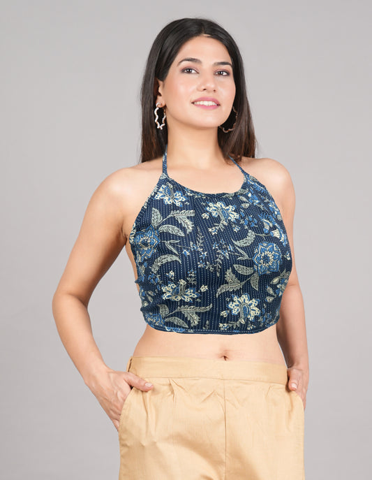 YASH GALLERY Women's Kantha Cotton Blue Floral Hand block Printed Free size Backless Blouse (Blue)