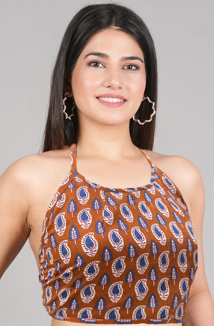 YASH GALLERY Women's Cotton Blue Geometrical Hand block Printed Free size Backless Blouse