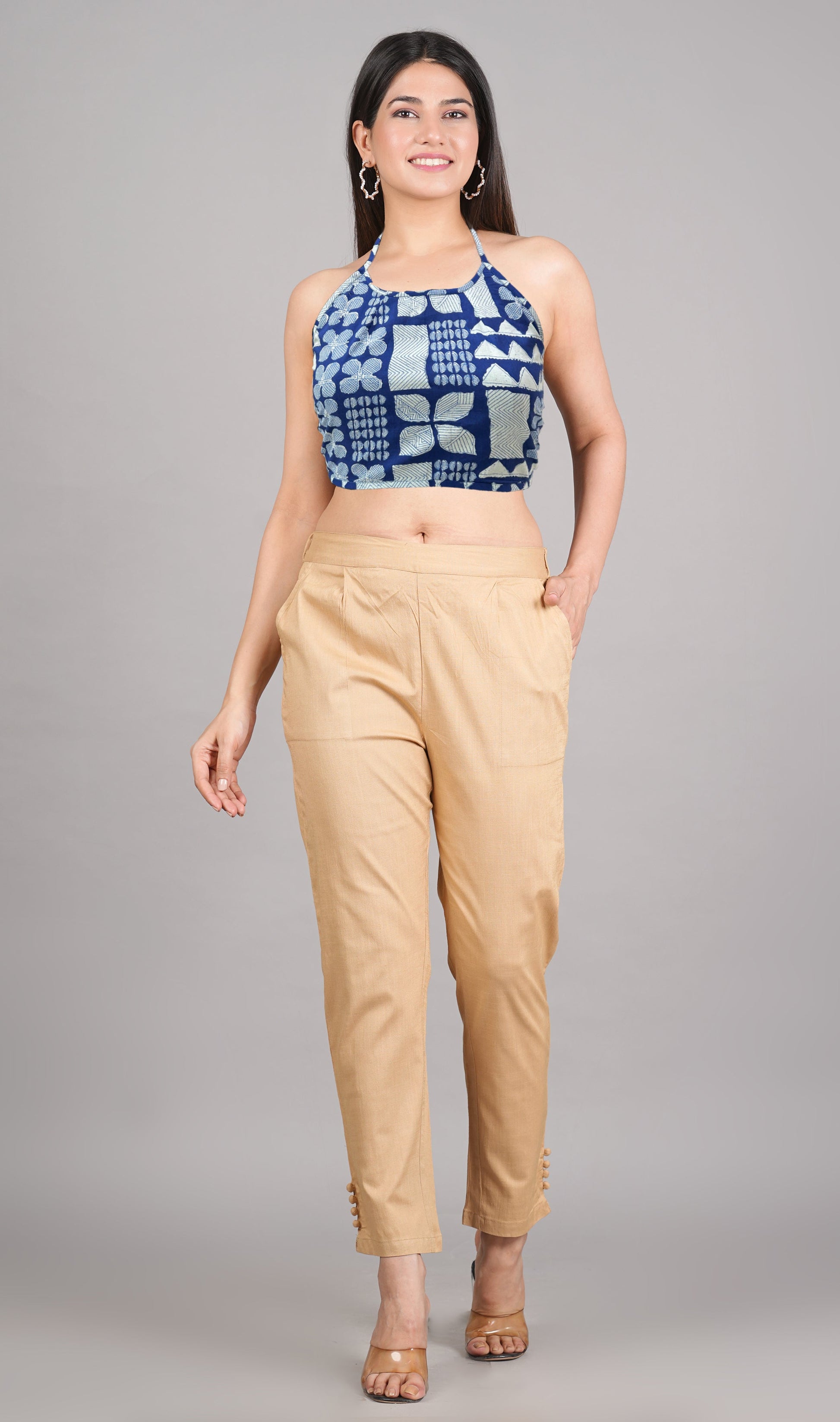 yash gallery womens cotton blue geometrical hand block printed free size backless blouse blue