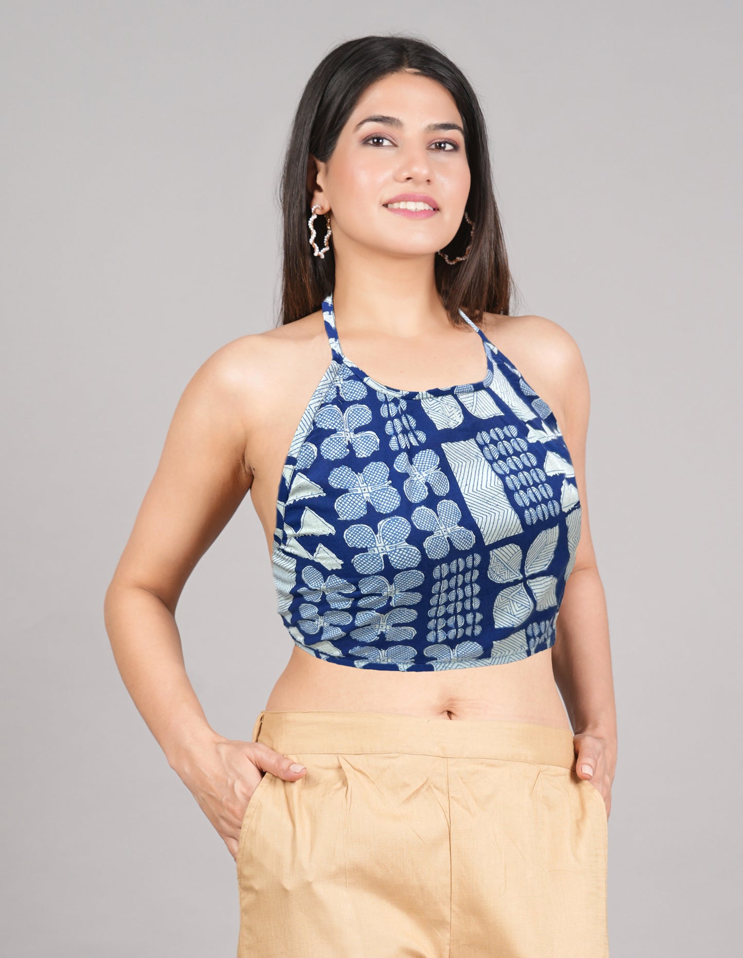 YASH GALLERY Women's Cotton Blue Geometrical Hand block Printed Free size Backless Blouse