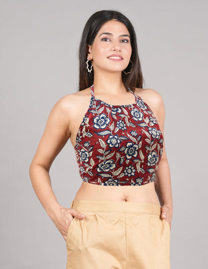yash gallery womens cotton blue geometrical hand block printed free size backless blouse blue