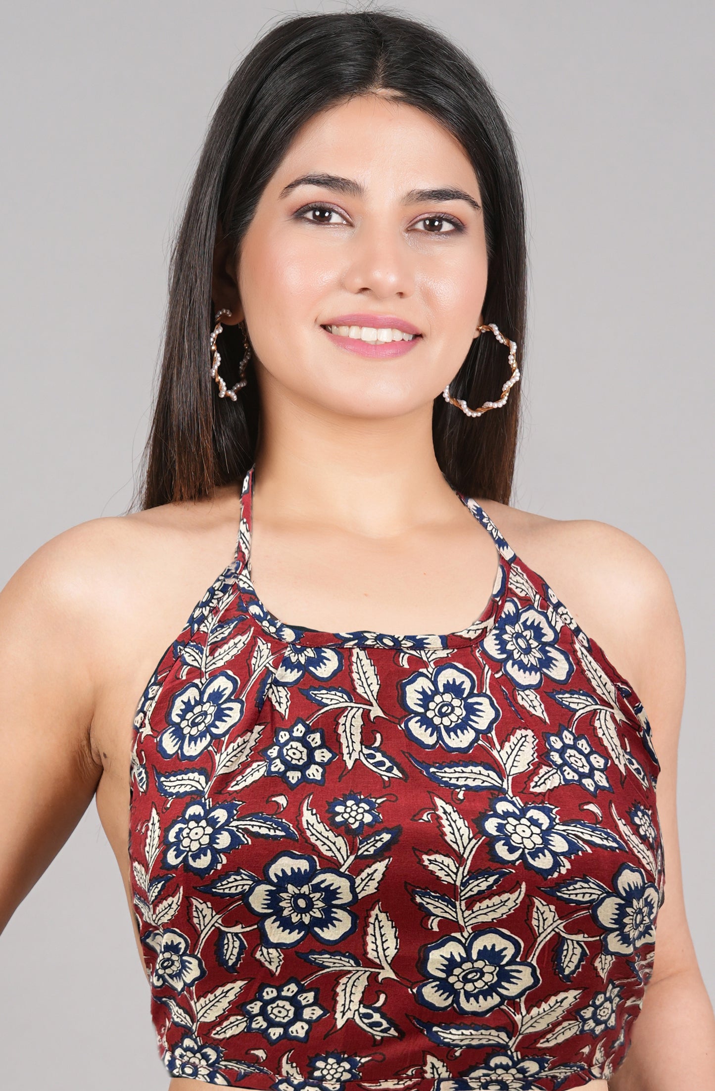 YASH GALLERY Women's Cotton Blue Geometrical Hand block Printed Free size Backless Blouse