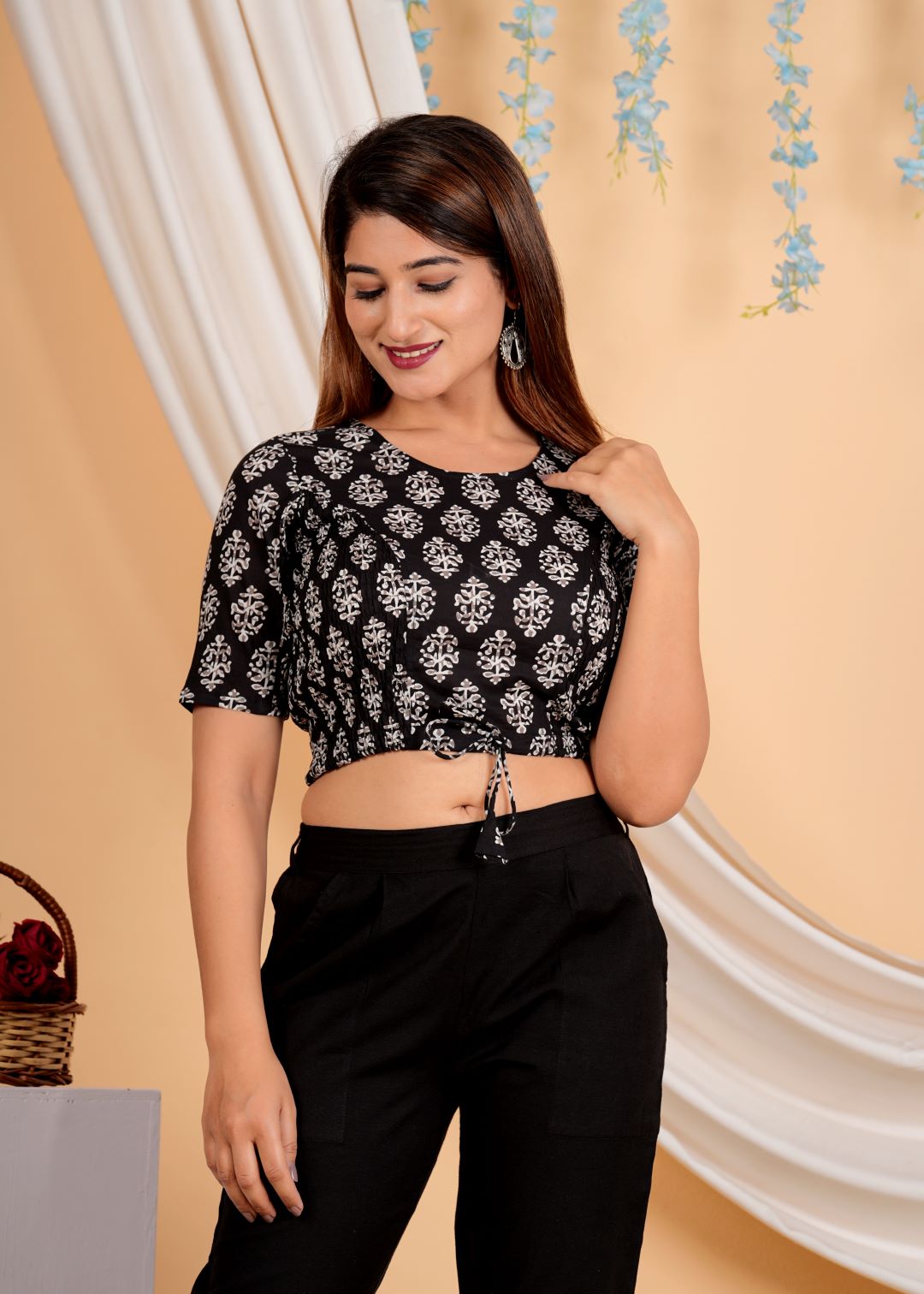 YASH GALLERY Women's Cotton Floral Printed Regular Blouse (Black