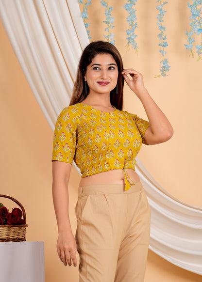 YASH GALLERY Women's Cotton Lurex Floral Printed Regular Blouse (Mustard)