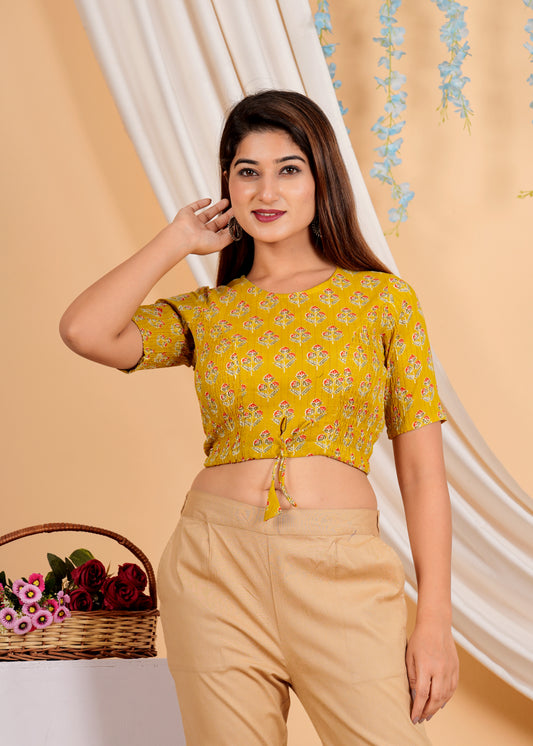 YASH GALLERY Women's Cotton Lurex Floral Printed Regular Blouse (Mustard)