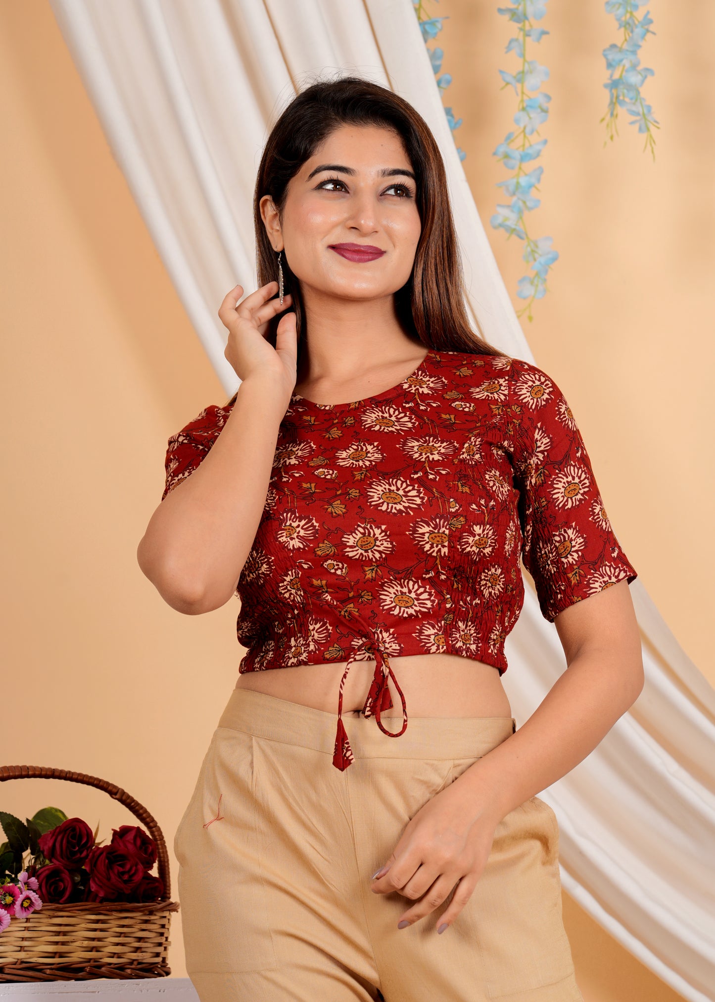 YASH GALLERY Women's Cotton Golden Floral Buti Printed Regular Blouse