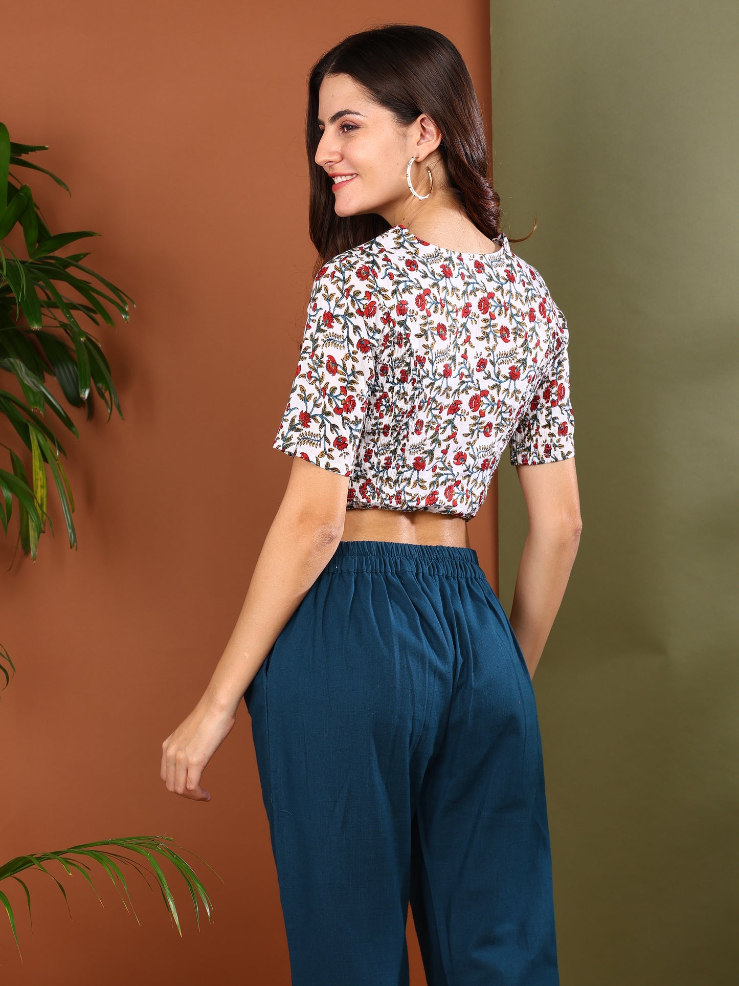 YASH GALLERY Women's Cotton Golden Floral Buti Printed Regular Blouse