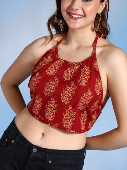 yash gallery womens cotton blue geometrical hand block printed free size backless blouse blue