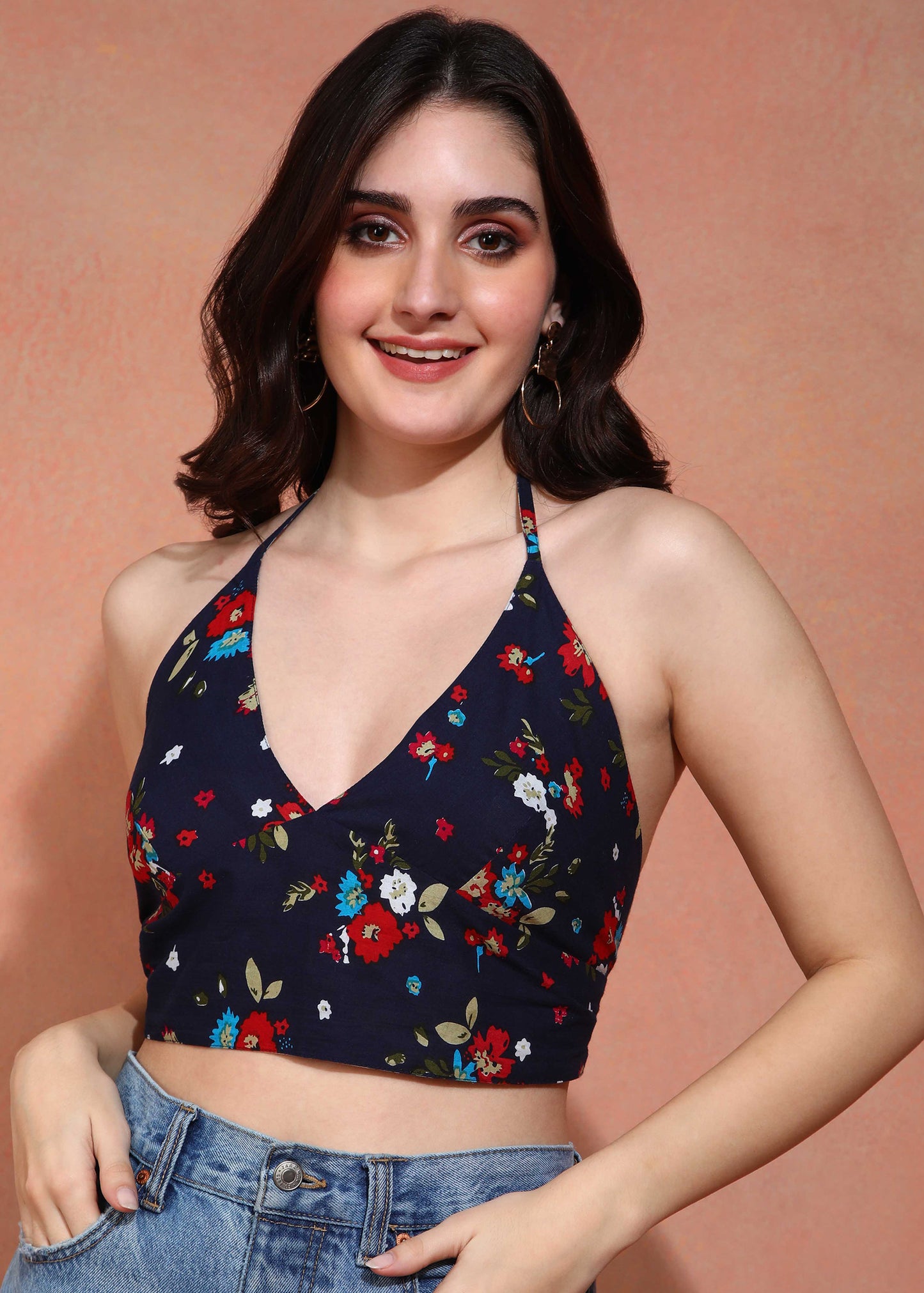 Yash Gallery Women’s & Girl's Free Size Cotton Fabric Reversible Blouse Halter Neck Bustier Blouse (Blue)