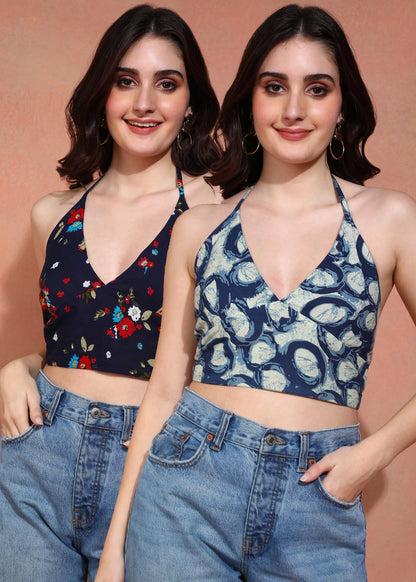 Yash Gallery Women’s & Girl's Free Size Cotton Fabric Reversible Blouse Halter Neck Bustier Blouse (Blue)