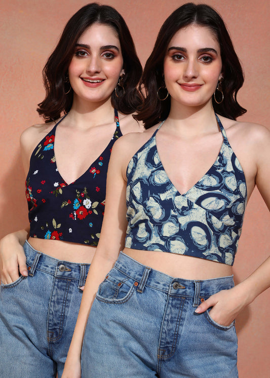 Yash Gallery Women’s & Girl's Free Size Cotton Fabric Reversible Blouse Halter Neck Bustier Blouse (Blue)