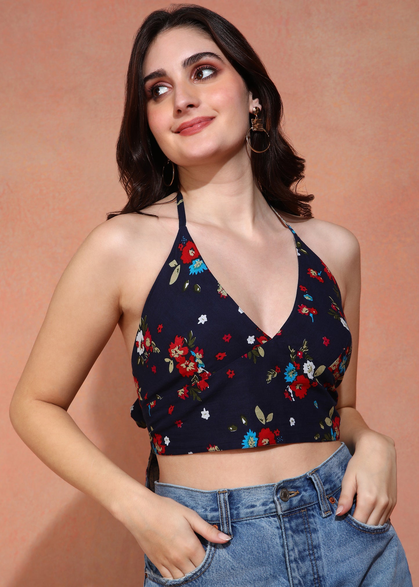 Yash Gallery Women’s & Girl's Free Size Cotton Fabric Reversible Blouse Halter Neck Bustier Blouse (Blue)