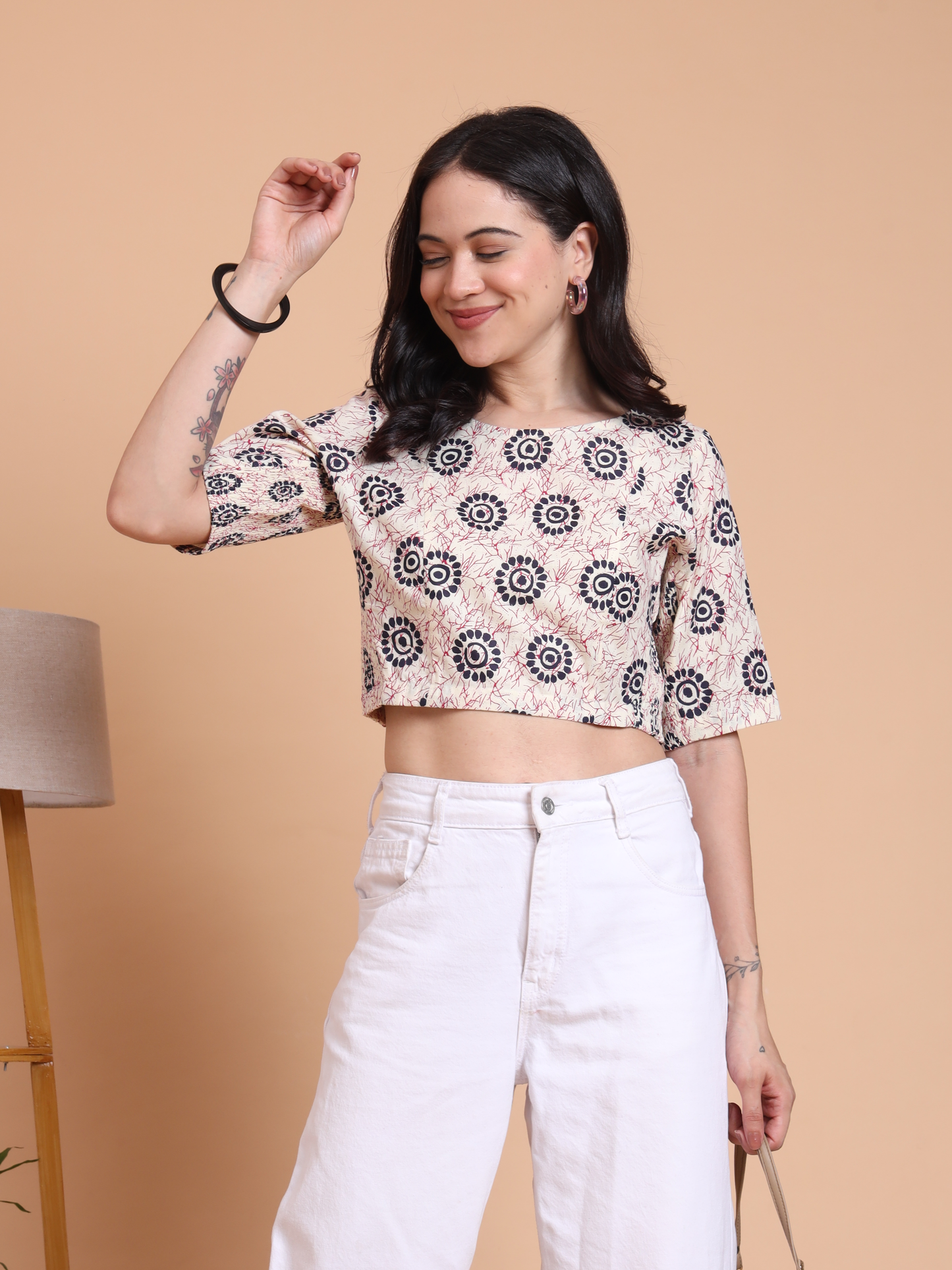 Yash Gallery Women’s Cambric Cotton Floral Printed Round Neck Half Sleeve Blouse Top with Both Side Bobbin Elastic