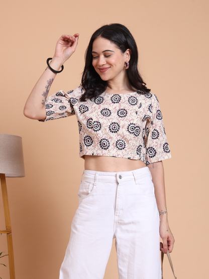 Yash Gallery Women’s Cambric Cotton Floral Printed Round Neck Half Sleeve Blouse Top with Both Side Bobbin Elastic