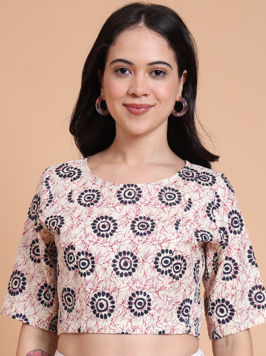 Yash Gallery Women’s Cambric Cotton Floral Printed Round Neck Half Sleeve Blouse Top with Both Side Bobbin Elastic