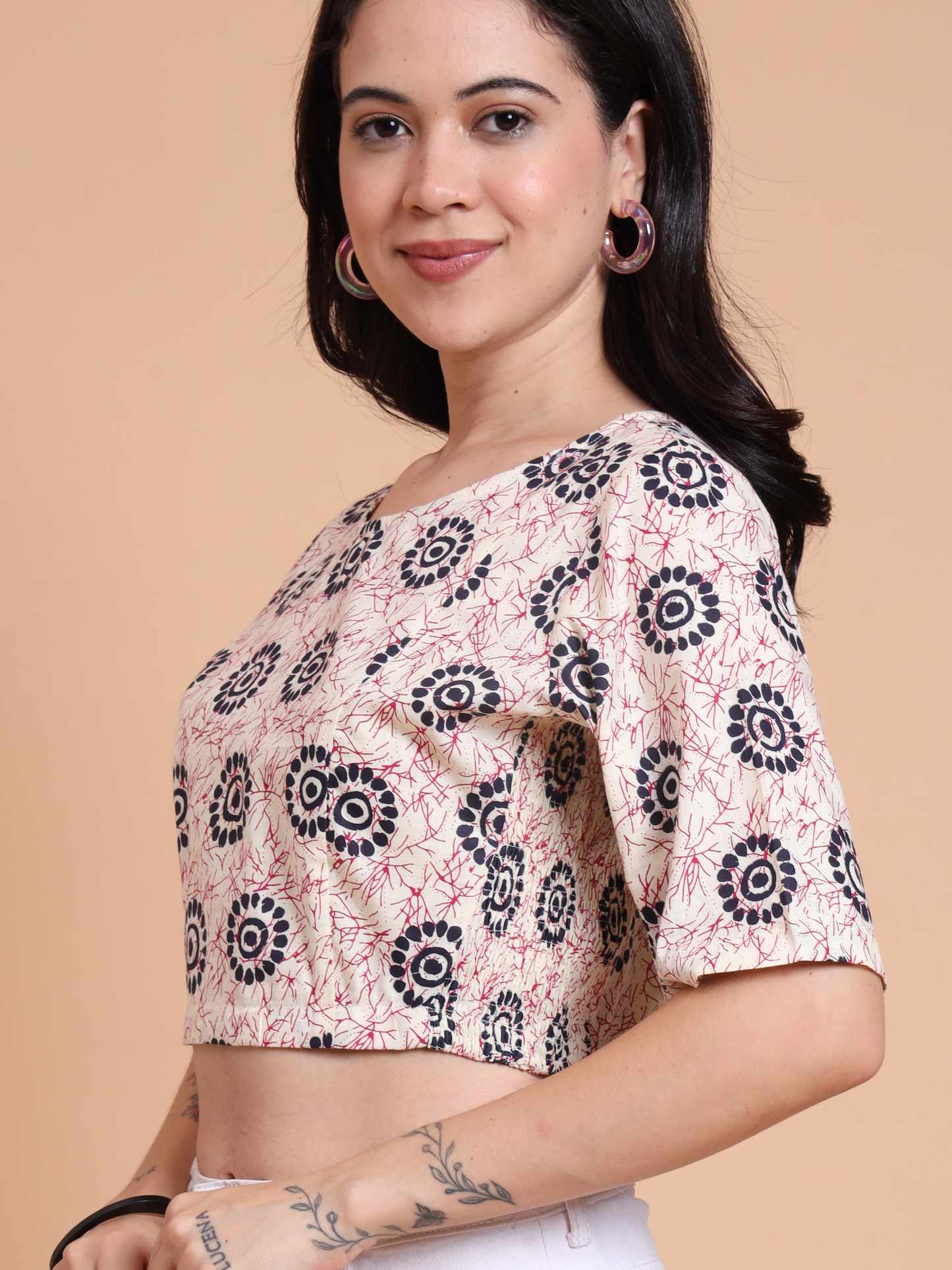 Yash Gallery Women’s Cambric Cotton Floral Printed Round Neck Half Sleeve Blouse Top with Both Side Bobbin Elastic