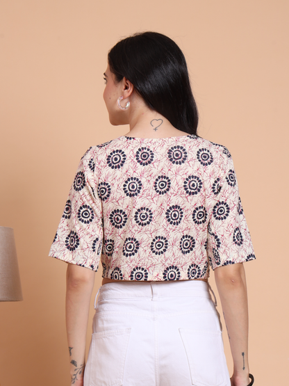 Yash Gallery Women’s Cambric Cotton Floral Printed Round Neck Half Sleeve Blouse Top with Both Side Bobbin Elastic