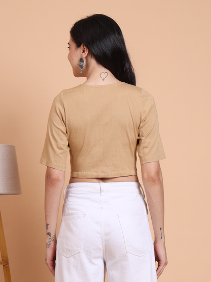 Yash Gallery Women’s Stretchable Lycra Blouse V-Neck Front Openable with Short Sleeves (Beige)