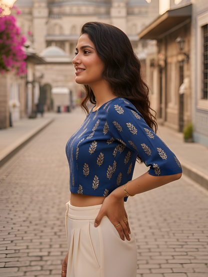 Yash Gallery Women’s Cotton Foil-Print Blouse Round Neck with Short Sleeves (Blue)