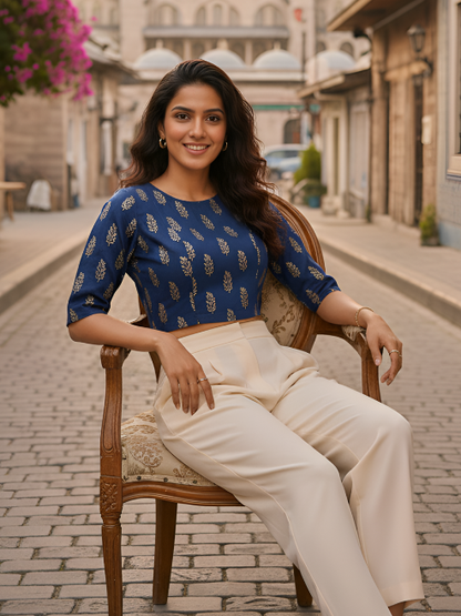 Yash Gallery Women’s Cotton Foil-Print Blouse Round Neck with Short Sleeves (Blue)