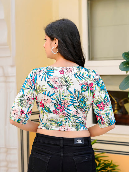 Yash Gallery Women's  Rayon Floral Printed Round Neck Half Sleeves Blouse with Both Side Bobbin Elastic (White)