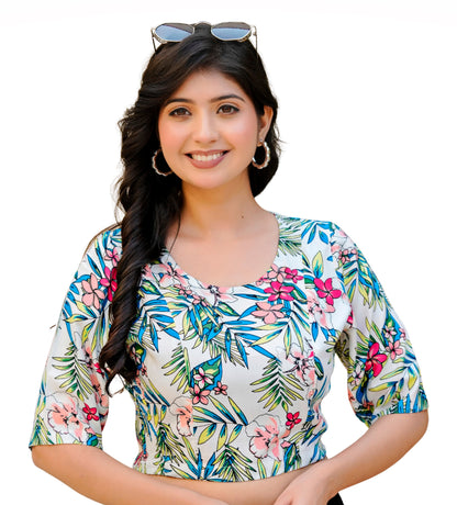 Yash Gallery Women's  Rayon Floral Printed Round Neck Half Sleeves Blouse with Both Side Bobbin Elastic (White)