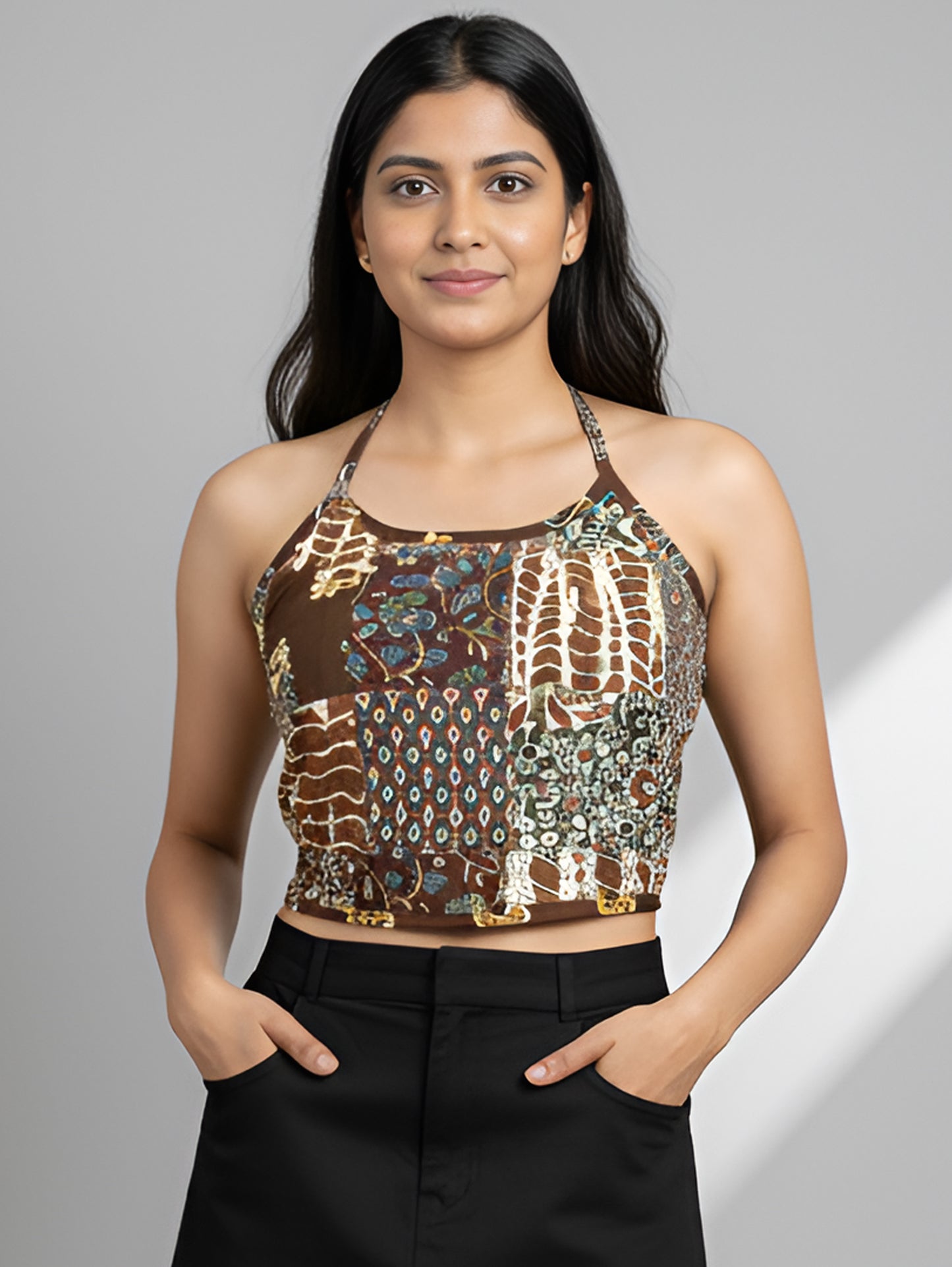 YASH GALLERY Women's Cotton Blue Geomatrical Handblock Printed Freesize Backless Blouse
