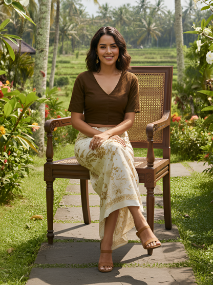 Round Neck Half Sleeves Blouse (Brown)