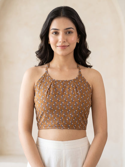YASH GALLERY Women's Cotton Blue Geomatrical Handblock Printed Freesize Backless Blouse