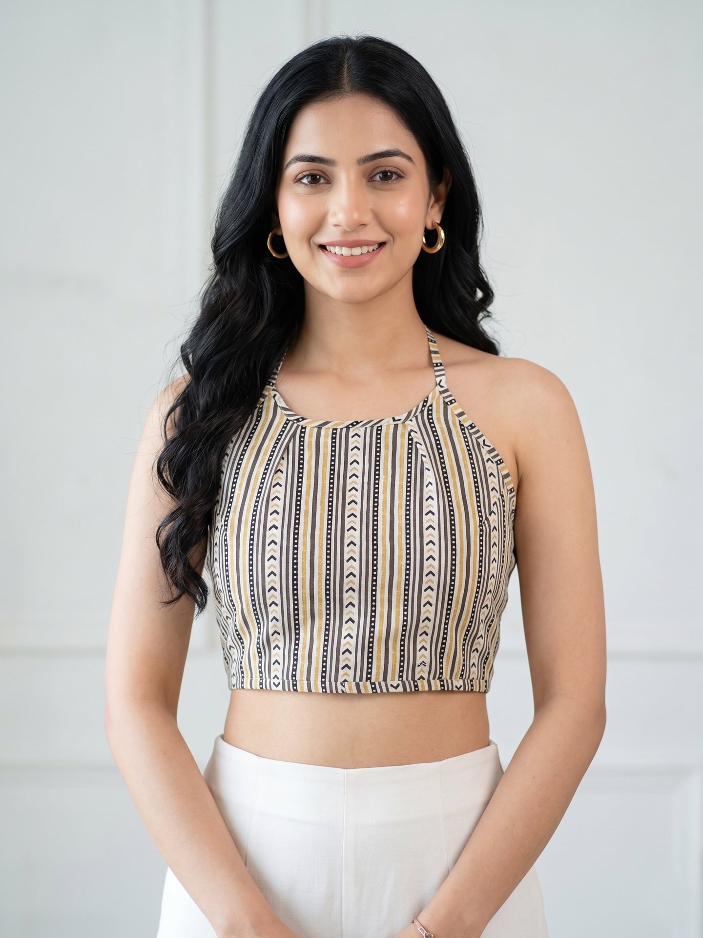 YASH GALLERY Women's Cotton Blue Geomatrical Handblock Printed Freesize Backless Blouse