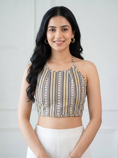 YASH GALLERY Women's Cotton Blue Geomatrical Handblock Printed Freesize Backless Blouse