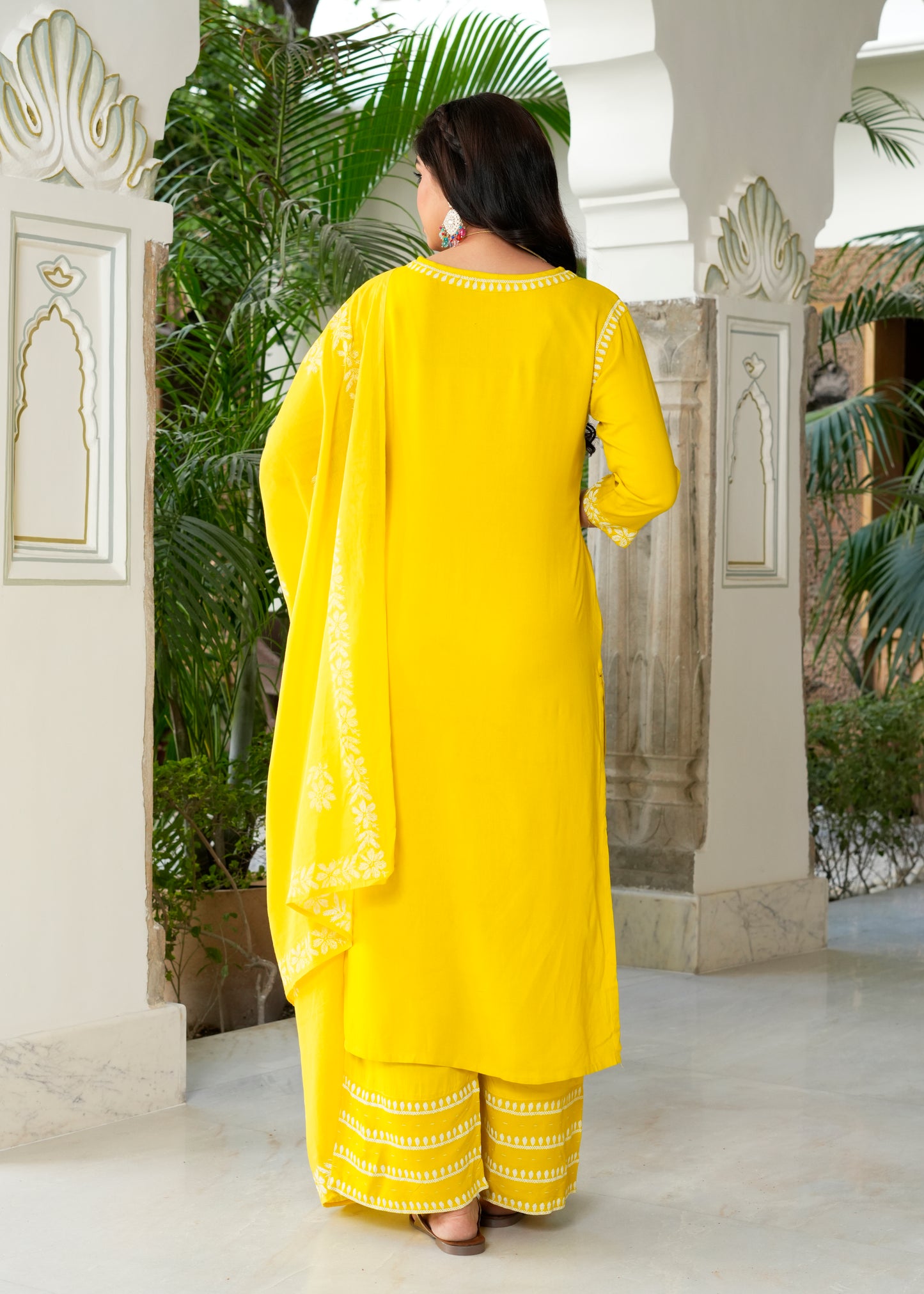 Yash Gallery Women’s Rayon Kurta Printed Chikankari Motifs with Dupatta and Plazzo , Round Neck, 3/4 Sleeves (Yellow)