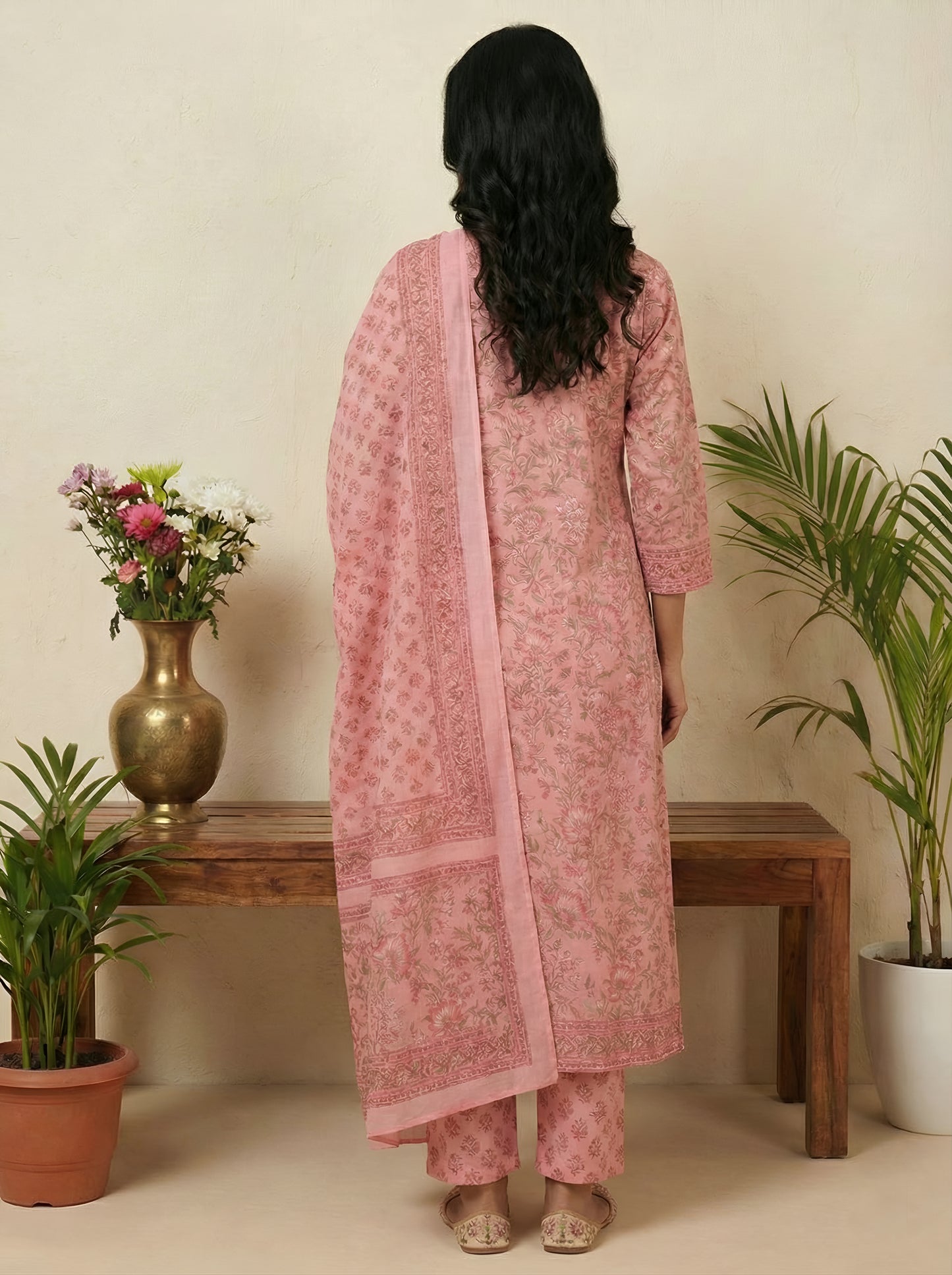 Yash Gallery Women’s Cotton Floral Print, Sequinned & Embroidered Anarkali Kurta & Pant with Dupatta Set