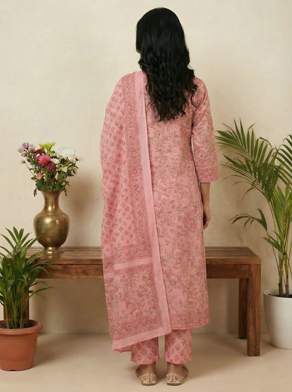 Yash Gallery Women’s Cotton Floral Print, Sequinned & Embroidered Anarkali Kurta & Pant with Dupatta Set