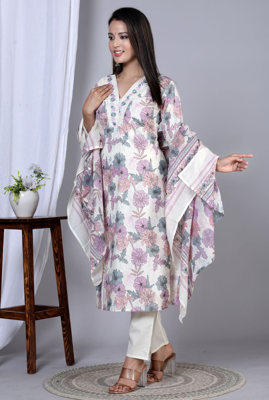 Yash Gallery Women's Floral Printed Embroidered Kurta with Pant & Dupatta Set