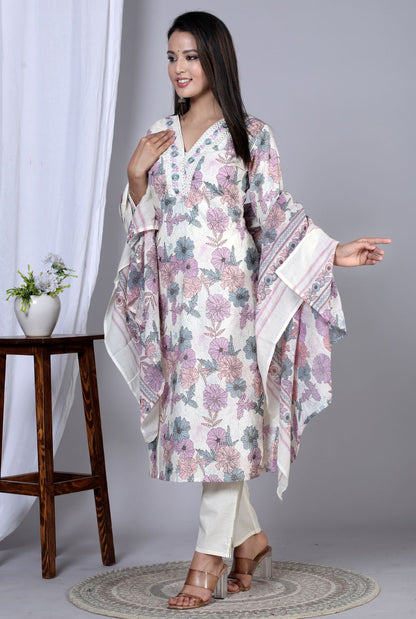 Yash Gallery Women's Floral Printed Embroidered Kurta with Pant & Dupatta Set
